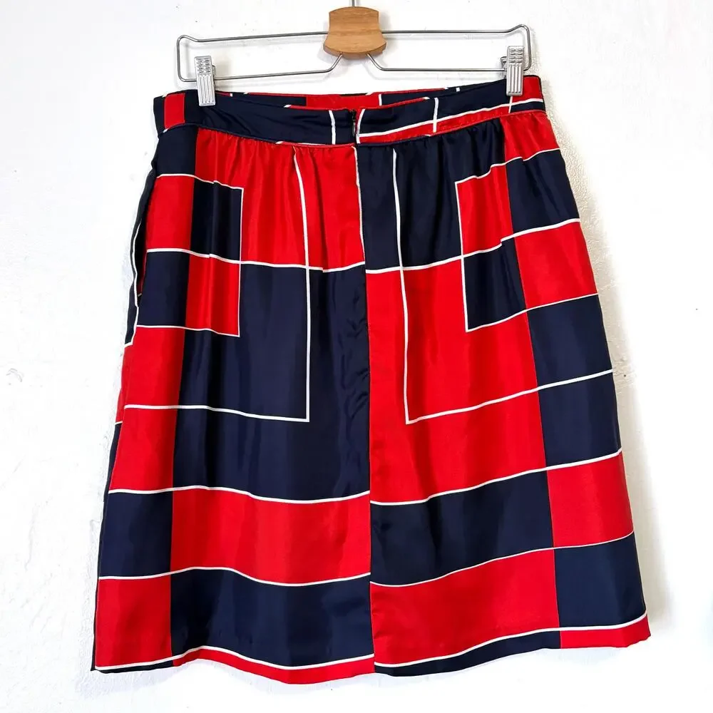 Elizabeth McKay 100% Silk Geometric Color Block Skirt Red Navy Size 10